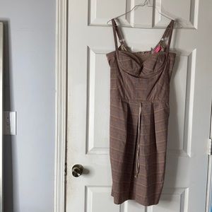 BCBG Girls rouched back midi padded bra brown tan career plad plaid dress size 8